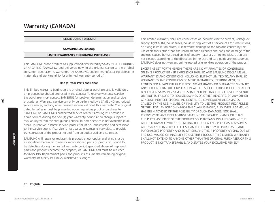 Warranty (canada), Warranty warranty (canada) | Samsung 36 Inch Gas Smart Cooktop Owner's Manual User Manual | Page 28 / 96