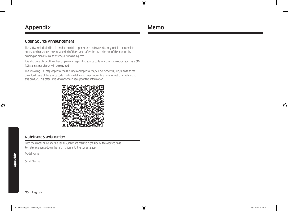 Appendix, Open source announcement, Model name & serial number | Samsung 36 Inch Gas Smart Cooktop Owner's Manual User Manual | Page 30 / 96