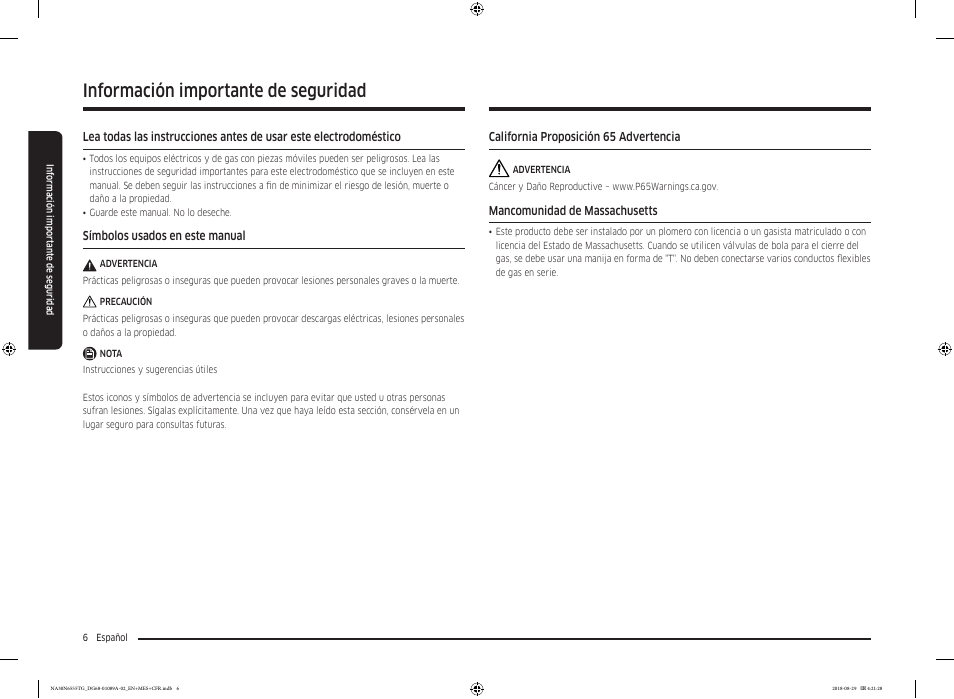 Información importante de seguridad | Samsung 36 Inch Gas Smart Cooktop Owner's Manual User Manual | Page 38 / 96