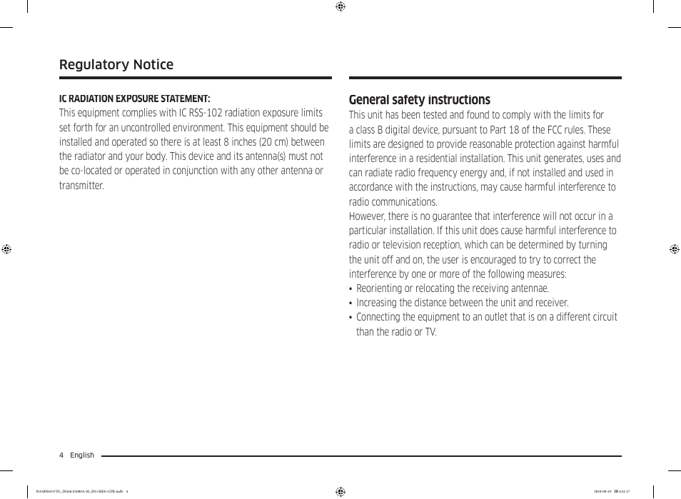 General safety instructions, Regulatory notice | Samsung 36 Inch Gas Smart Cooktop Owner's Manual User Manual | Page 4 / 96