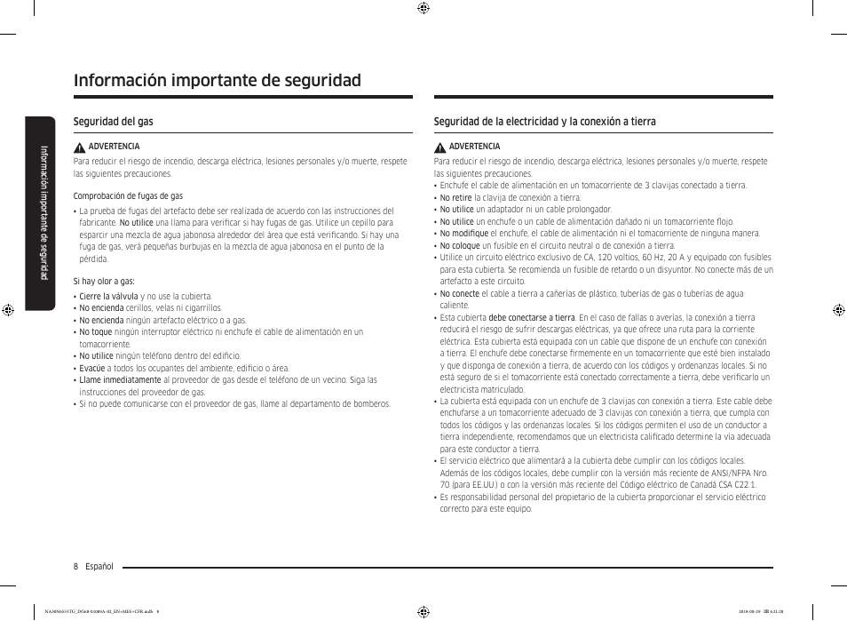 Información importante de seguridad | Samsung 36 Inch Gas Smart Cooktop Owner's Manual User Manual | Page 40 / 96