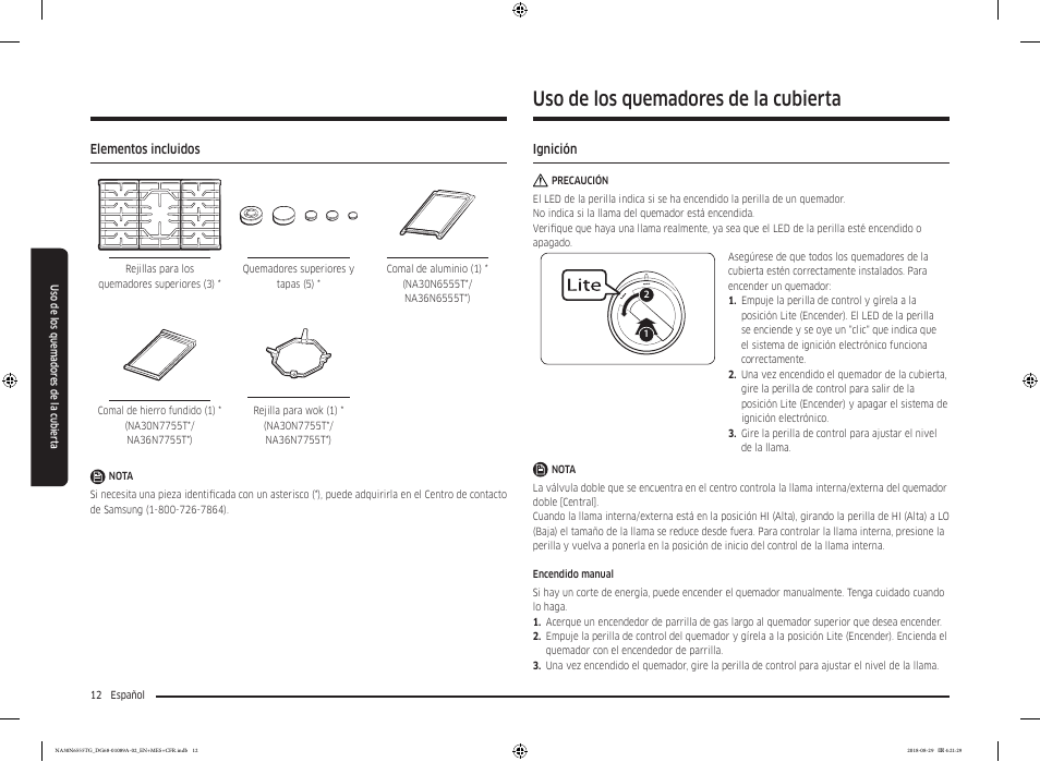Elementos incluidos, Uso de los quemadores de la cubierta, Ignición | Ignición 12 | Samsung 36 Inch Gas Smart Cooktop Owner's Manual User Manual | Page 44 / 96