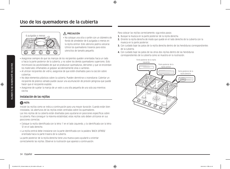 Instalación de las rejillas, Uso de los quemadores de la cubierta | Samsung 36 Inch Gas Smart Cooktop Owner's Manual User Manual | Page 46 / 96