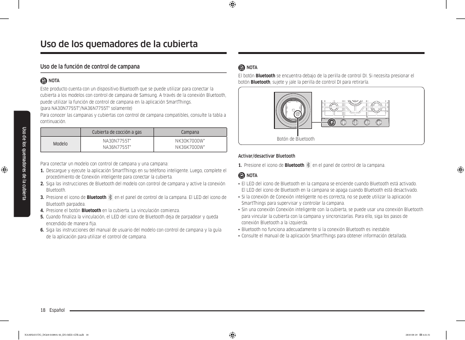 Uso de la función de control de campana, Uso de los quemadores de la cubierta | Samsung 36 Inch Gas Smart Cooktop Owner's Manual User Manual | Page 50 / 96