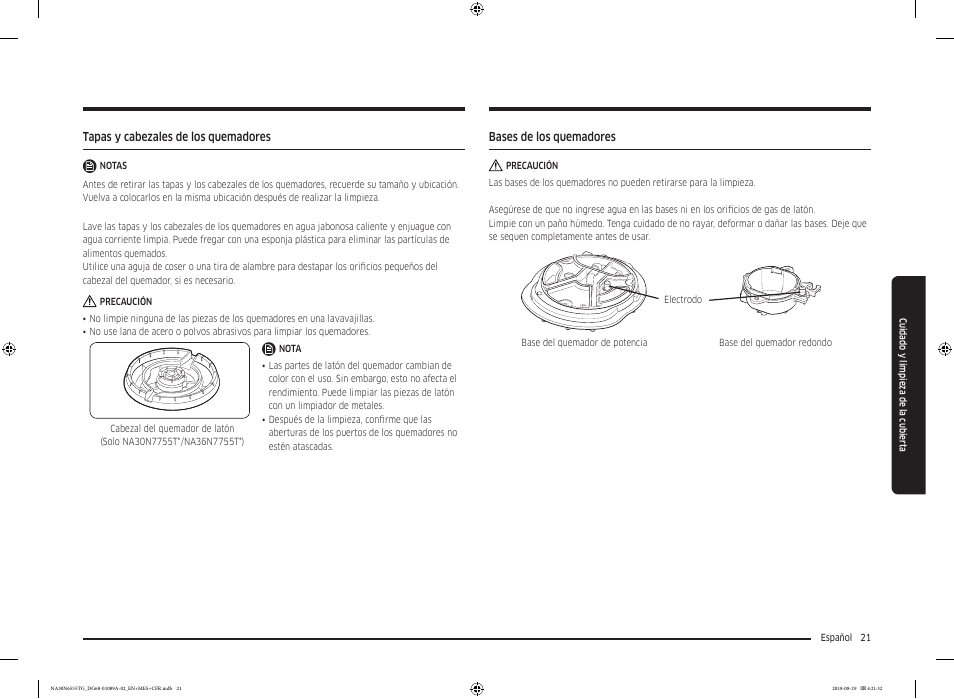 Tapas y cabezales de los quemadores, Bases de los quemadores | Samsung 36 Inch Gas Smart Cooktop Owner's Manual User Manual | Page 53 / 96