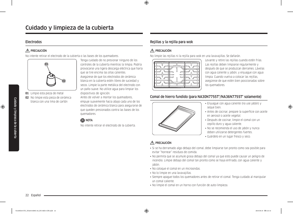 Electrodos, Rejillas y la rejilla para wok, Electrodos 22 rejillas y la rejilla para wok | Cuidado y limpieza de la cubierta | Samsung 36 Inch Gas Smart Cooktop Owner's Manual User Manual | Page 54 / 96