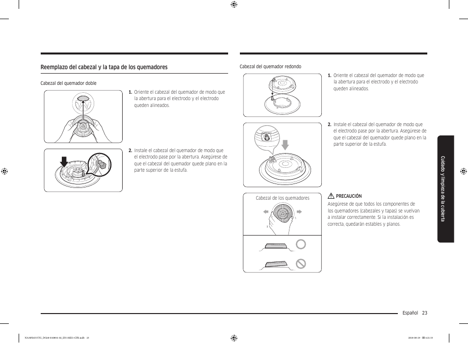 Reemplazo del cabezal y la tapa de los quemadores | Samsung 36 Inch Gas Smart Cooktop Owner's Manual User Manual | Page 55 / 96