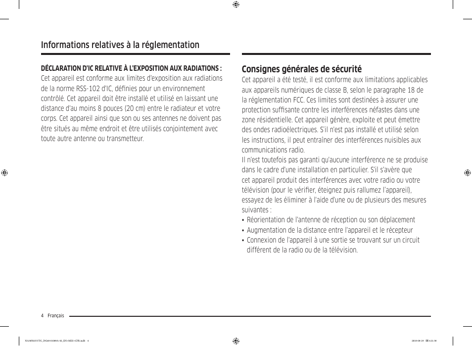 Consignes générales de sécurité, Informations relatives à la réglementation | Samsung 36 Inch Gas Smart Cooktop Owner's Manual User Manual | Page 68 / 96