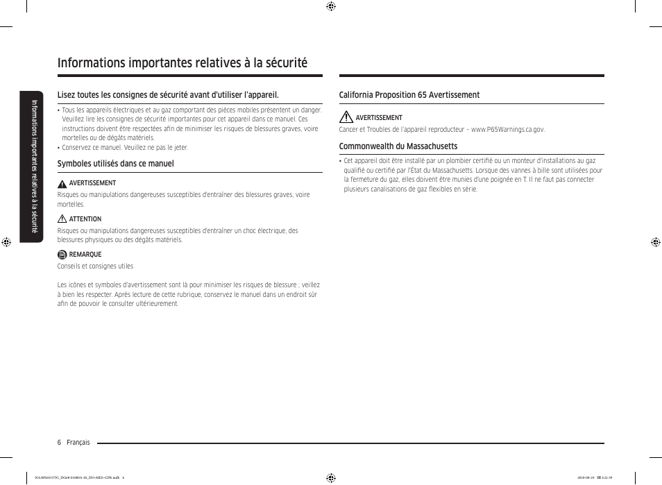 Informations importantes relatives à la sécurité | Samsung 36 Inch Gas Smart Cooktop Owner's Manual User Manual | Page 70 / 96