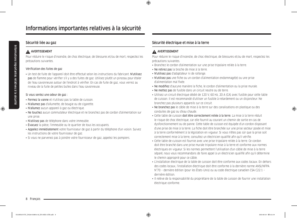 Informations importantes relatives à la sécurité | Samsung 36 Inch Gas Smart Cooktop Owner's Manual User Manual | Page 72 / 96