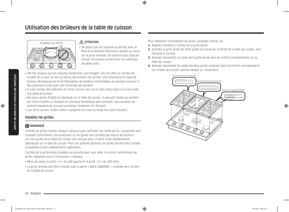 Installez les grilles, Utilisation des brûleurs de la table de cuisson | Samsung 36 Inch Gas Smart Cooktop Owner's Manual User Manual | Page 78 / 96