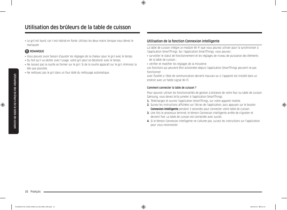 Utilisation de la fonction connexion intelligente, Utilisation des brûleurs de la table de cuisson | Samsung 36 Inch Gas Smart Cooktop Owner's Manual User Manual | Page 80 / 96