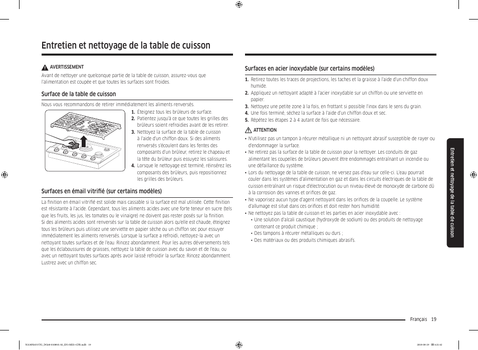 Entretien et nettoyage de la table de cuisson, Surface de la table de cuisson, Surfaces en émail vitrifié (sur certains modèles) | Samsung 36 Inch Gas Smart Cooktop Owner's Manual User Manual | Page 83 / 96