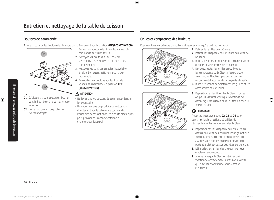 Boutons de commande, Grilles et composants des brûleurs, Entretien et nettoyage de la table de cuisson | Samsung 36 Inch Gas Smart Cooktop Owner's Manual User Manual | Page 84 / 96