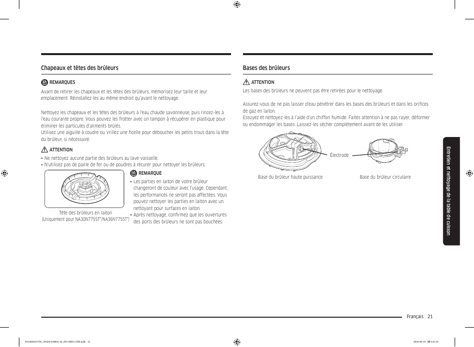 Chapeaux et têtes des brûleurs, Bases des brûleurs | Samsung 36 Inch Gas Smart Cooktop Owner's Manual User Manual | Page 85 / 96