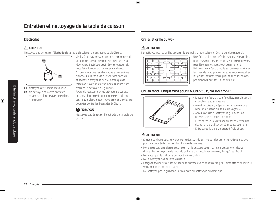Électrodes, Grilles et grille du wok, Électrodes 22 grilles et grille du wok | Entretien et nettoyage de la table de cuisson | Samsung 36 Inch Gas Smart Cooktop Owner's Manual User Manual | Page 86 / 96
