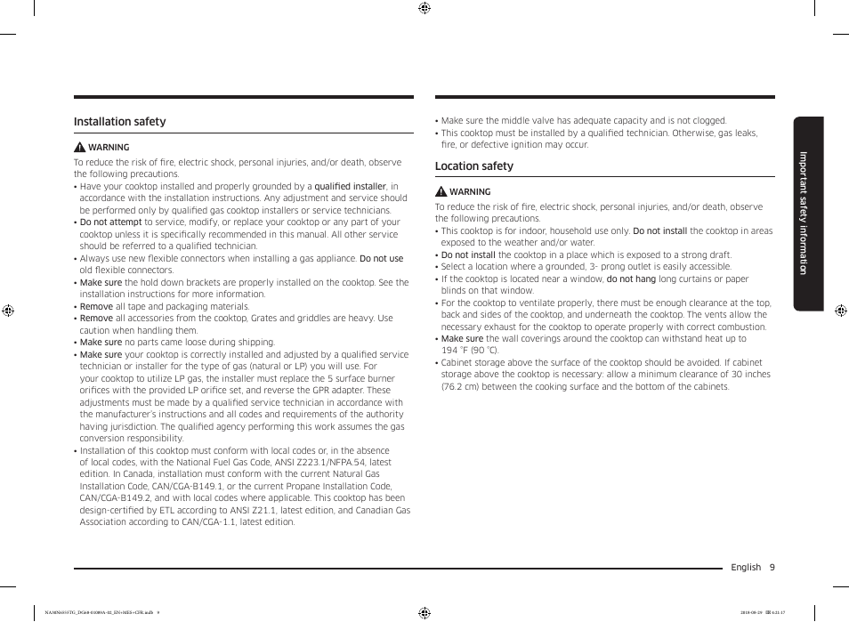 Samsung 36 Inch Gas Smart Cooktop Owner's Manual User Manual | Page 9 / 96