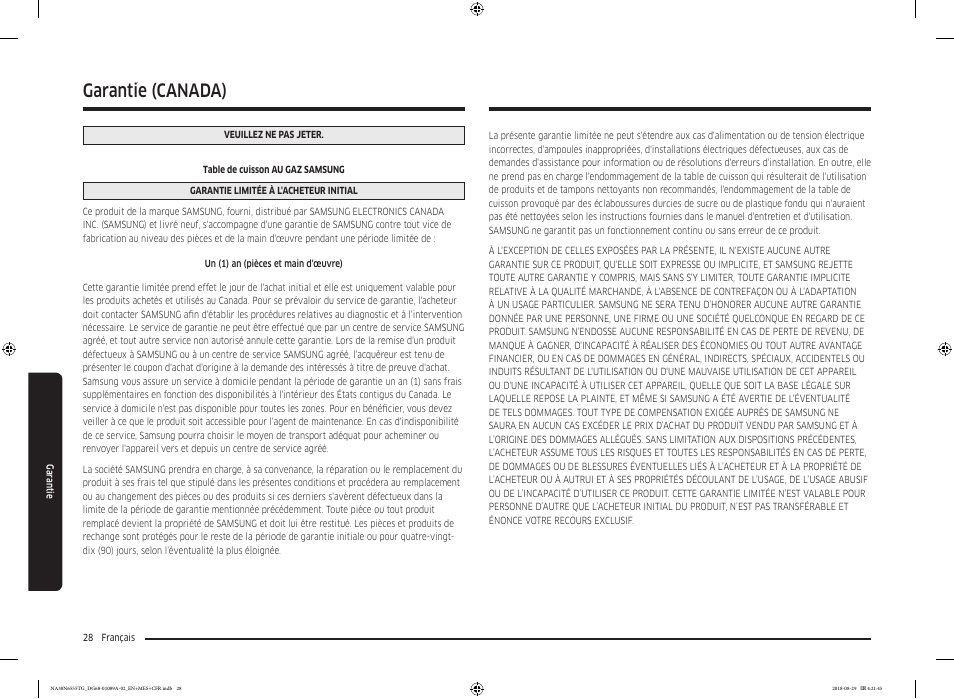 Garantie (canada), Garantie garantie (canada) | Samsung 36 Inch Gas Smart Cooktop Owner's Manual User Manual | Page 92 / 96