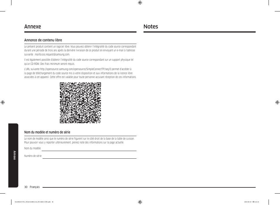 Annexe, Annonce de contenu libre, Nom du modèle et numéro de série | Samsung 36 Inch Gas Smart Cooktop Owner's Manual User Manual | Page 94 / 96