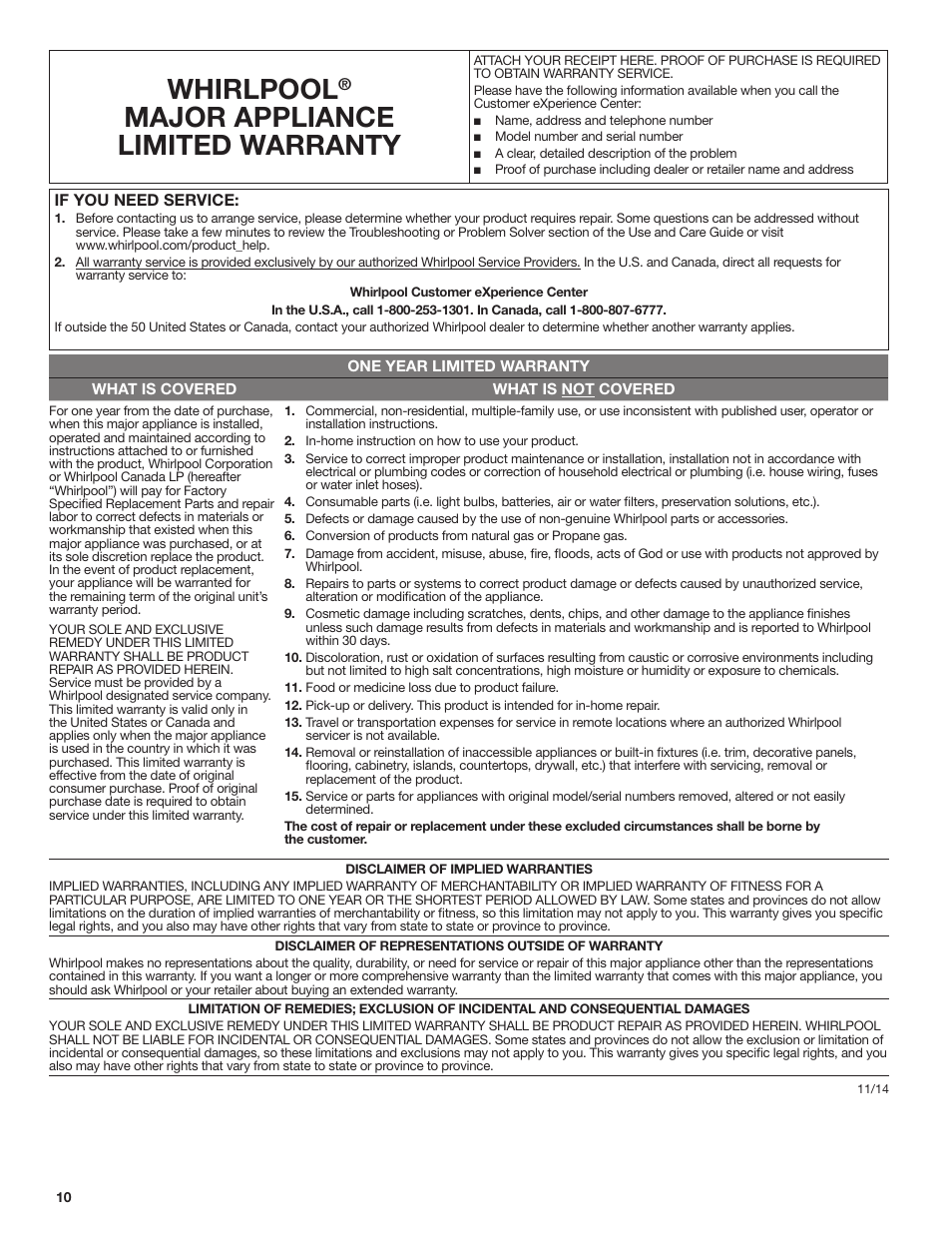 Whirlpool, Major appliance limited warranty | Whirlpool 30 Inch Gas Cooktop Owner Manual User Manual | Page 10 / 21