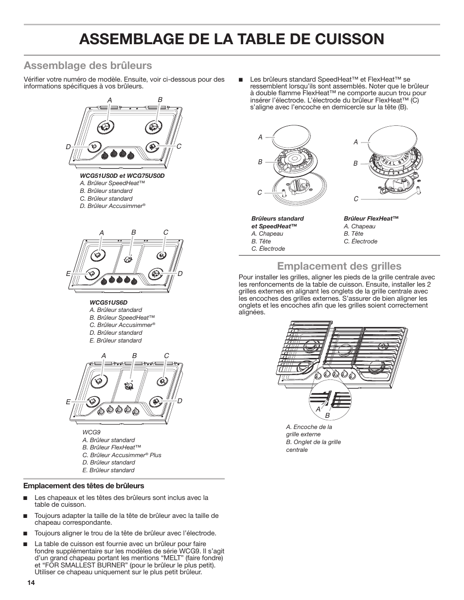 Assemblage de la table de cuisson, Assemblage des brûleurs, Emplacement des grilles | Whirlpool 30 Inch Gas Cooktop Owner Manual User Manual | Page 14 / 21