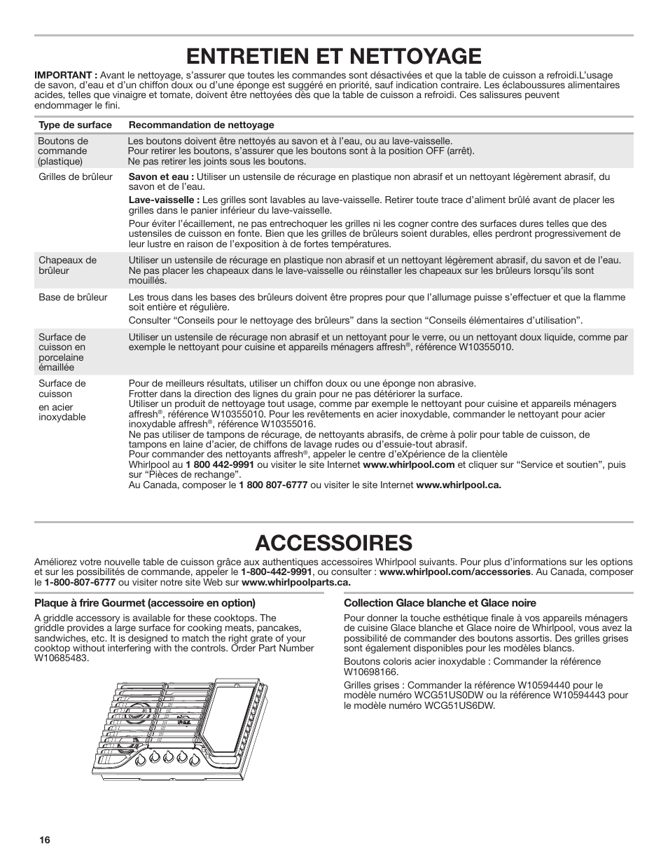 Entretien et nettoyage, Accessoires | Whirlpool 30 Inch Gas Cooktop Owner Manual User Manual | Page 16 / 21