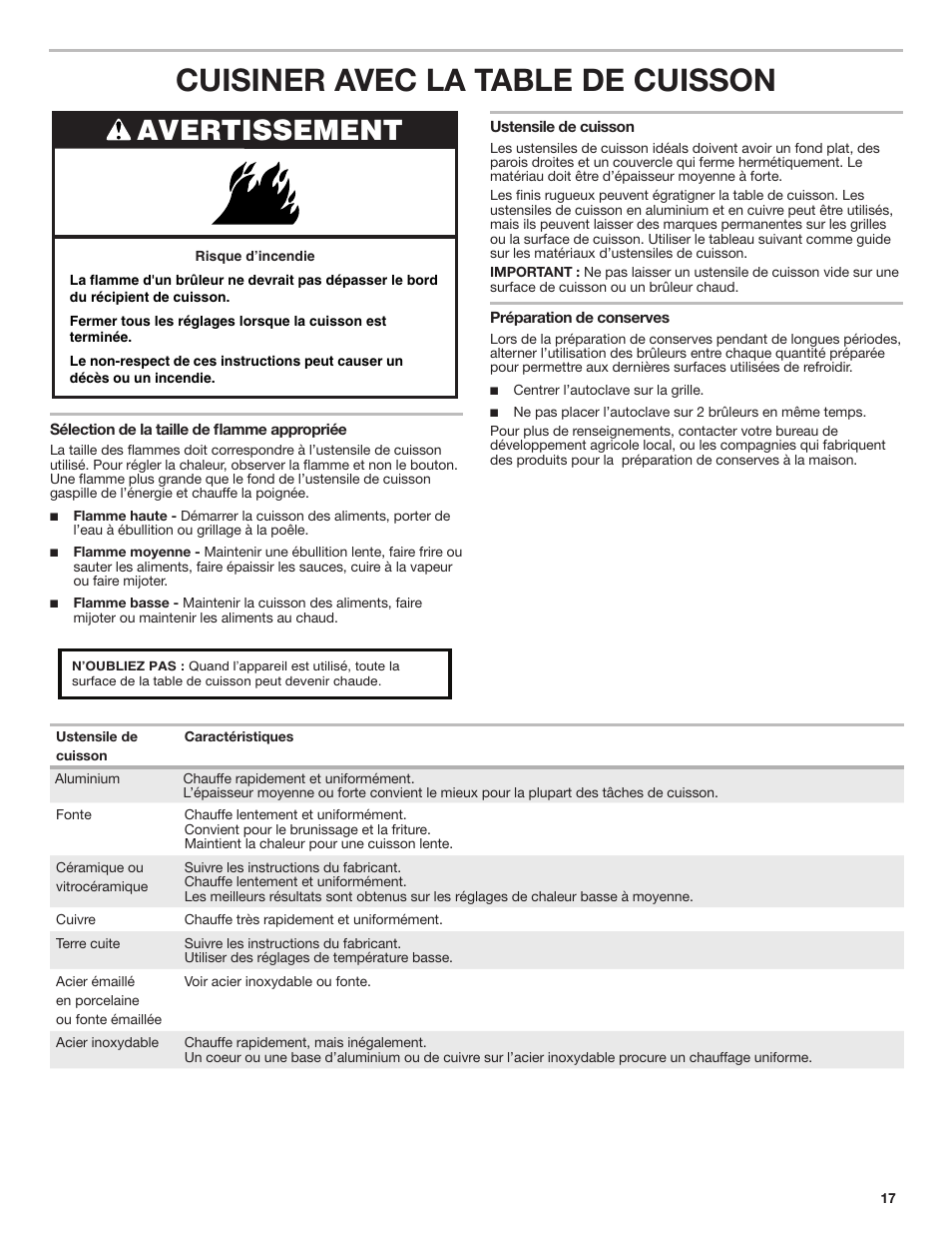 Cuisiner avec la table de cuisson, Avertissement | Whirlpool 30 Inch Gas Cooktop Owner Manual User Manual | Page 17 / 21