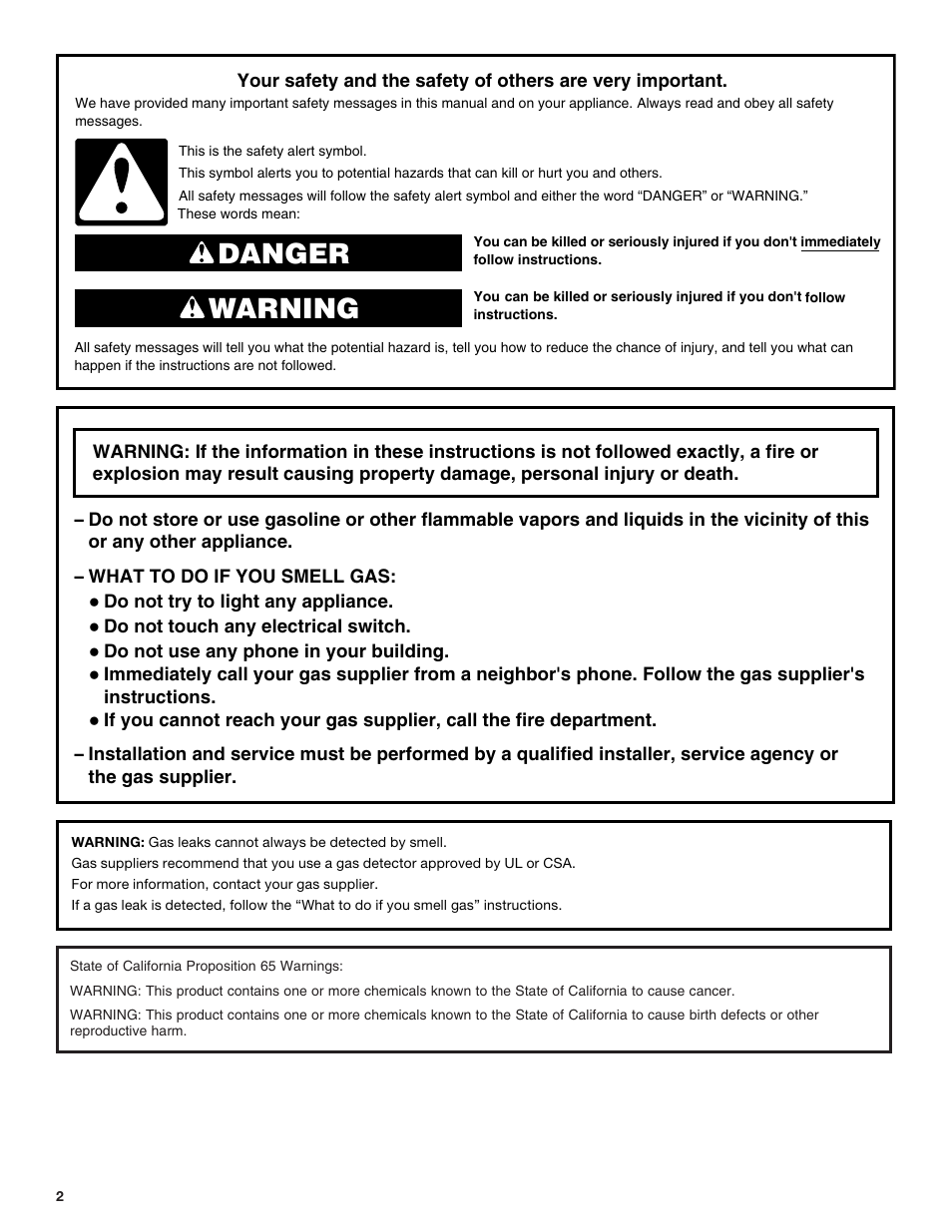 Danger warning | Whirlpool 30 Inch Gas Cooktop Owner Manual User Manual | Page 2 / 21