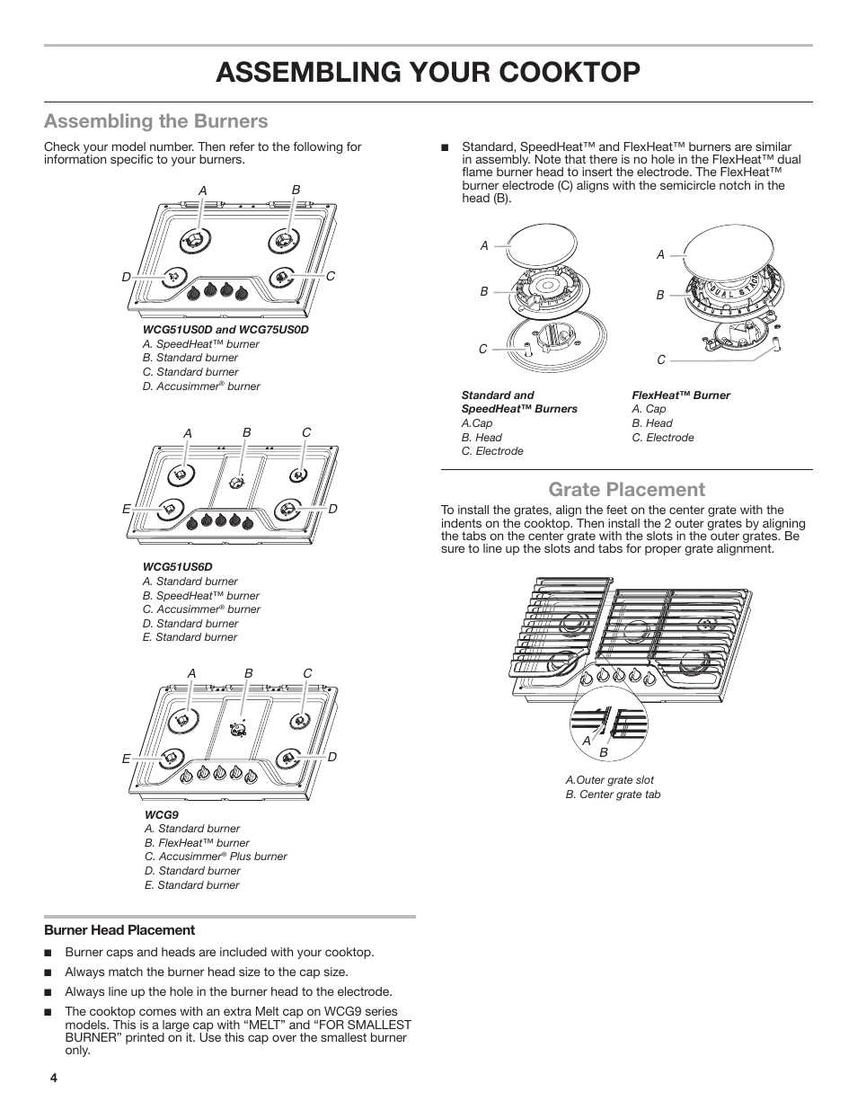 Assembling your cooktop, Assembling the burners, Grate placement | Whirlpool 30 Inch Gas Cooktop Owner Manual User Manual | Page 4 / 21