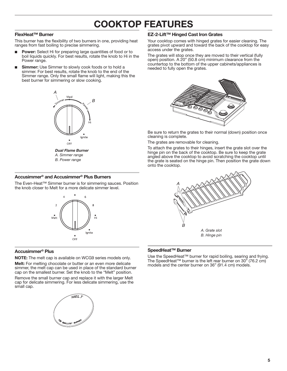 Cooktop features | Whirlpool 30 Inch Gas Cooktop Owner Manual User Manual | Page 5 / 21