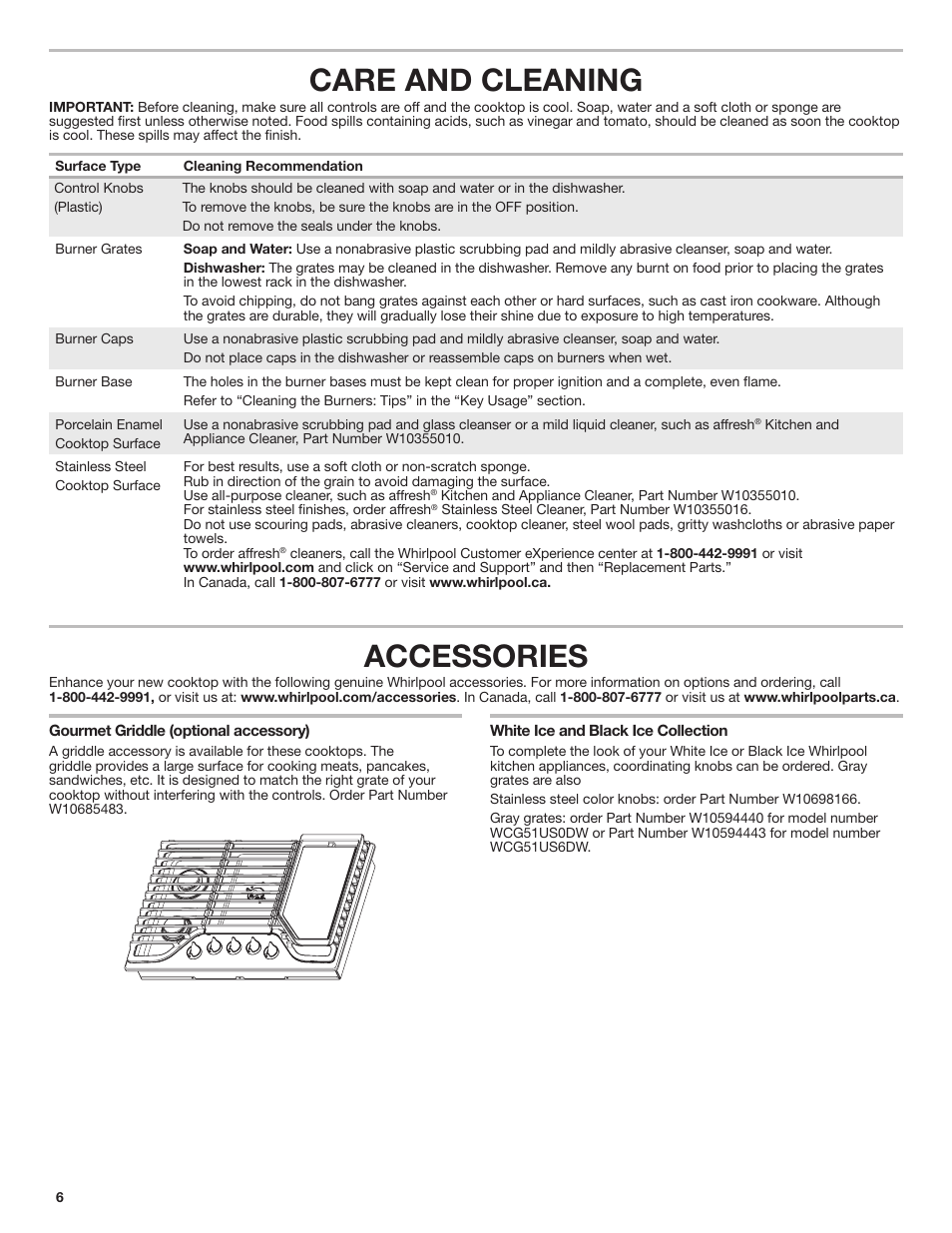 Care and cleaning, Accessories | Whirlpool 30 Inch Gas Cooktop Owner Manual User Manual | Page 6 / 21