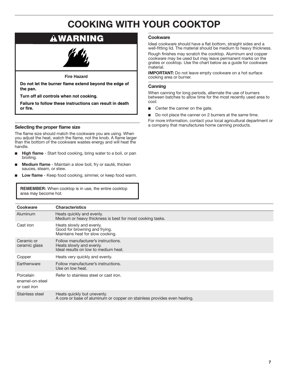 Cooking with your cooktop, Warning | Whirlpool 30 Inch Gas Cooktop Owner Manual User Manual | Page 7 / 21