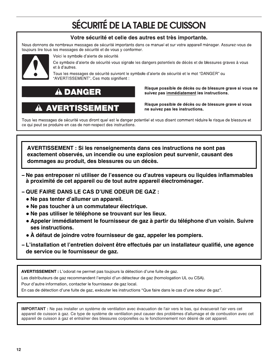 Sécurité de la table de cuisson | Whirlpool 30 Inch Gas Cooktop Installation Guide User Manual | Page 12 / 23