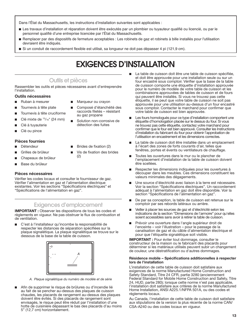 Exigences d’installation, Outils et pièces, Exigences d’emplacement | Whirlpool 30 Inch Gas Cooktop Installation Guide User Manual | Page 13 / 23