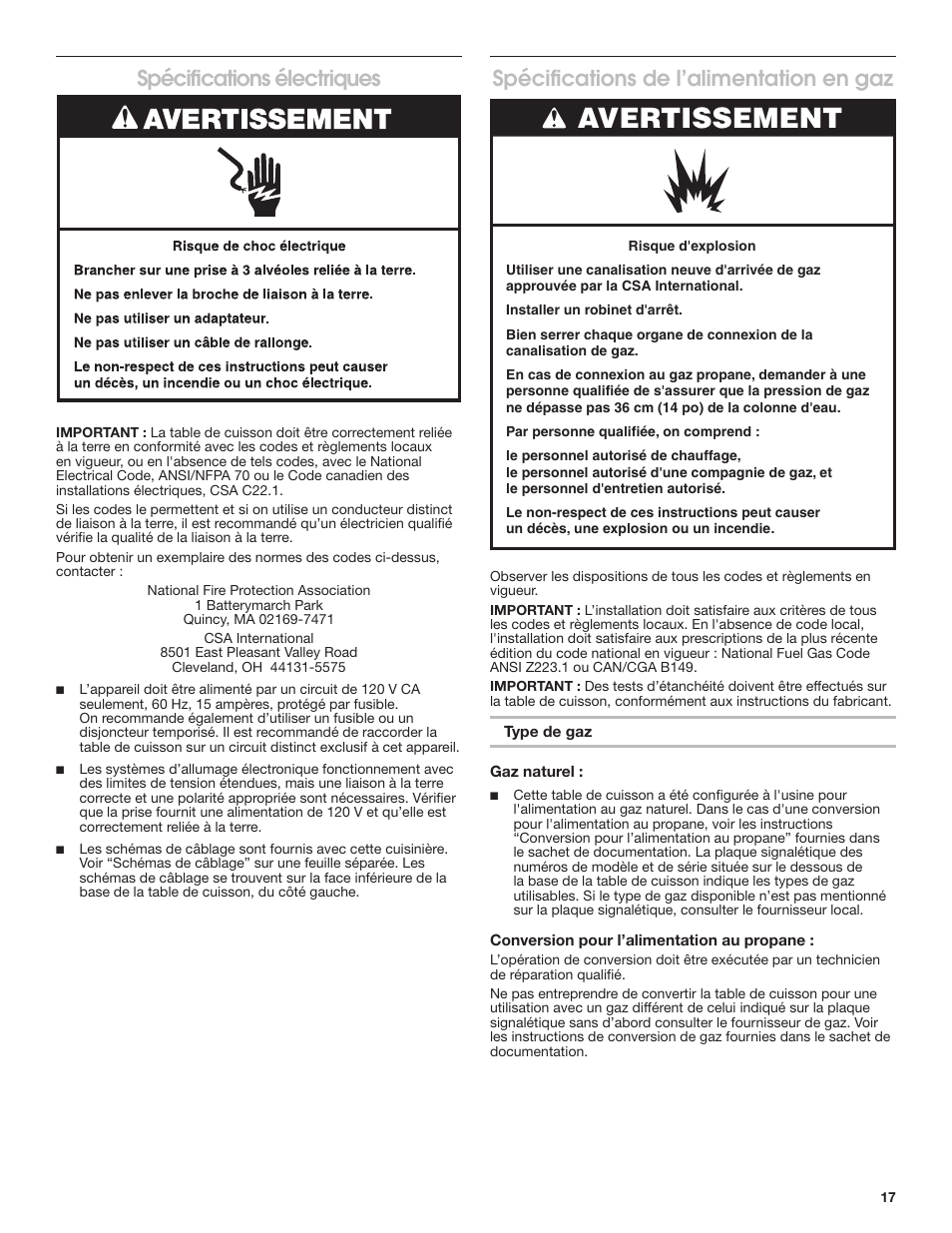 Avertissement, Spécifications électriques, Spécifications de l’alimentation en gaz | Whirlpool 30 Inch Gas Cooktop Installation Guide User Manual | Page 17 / 23