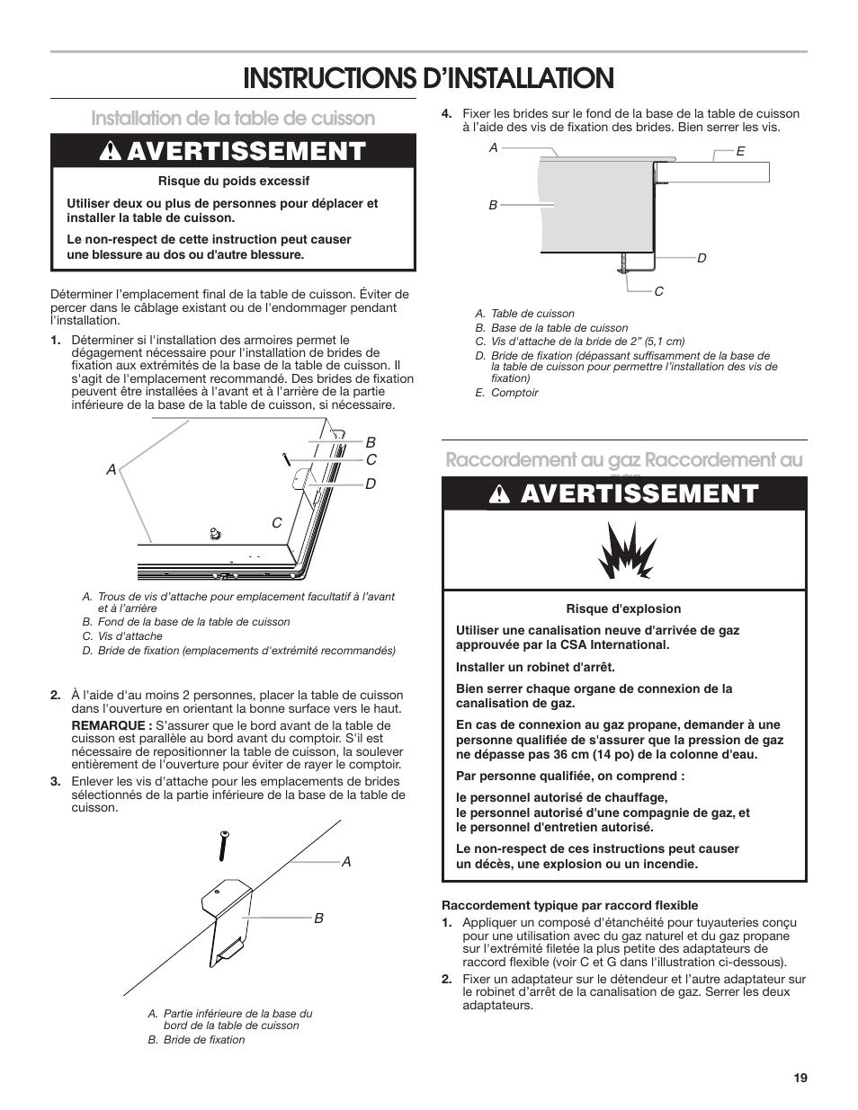 Instructions d’installation, Avertissement, Installation de la table de cuisson | Raccordement au gaz raccordement au gaz | Whirlpool 30 Inch Gas Cooktop Installation Guide User Manual | Page 19 / 23