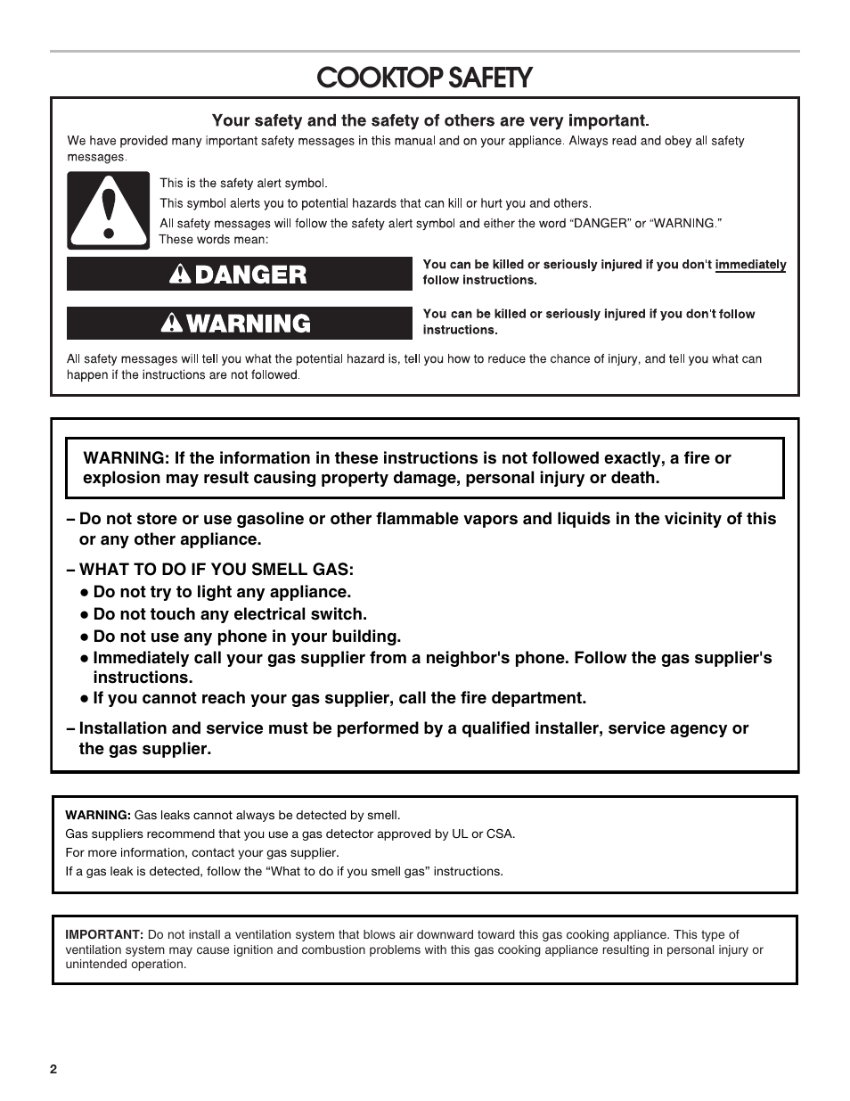 Cooktop safety | Whirlpool 30 Inch Gas Cooktop Installation Guide User Manual | Page 2 / 23