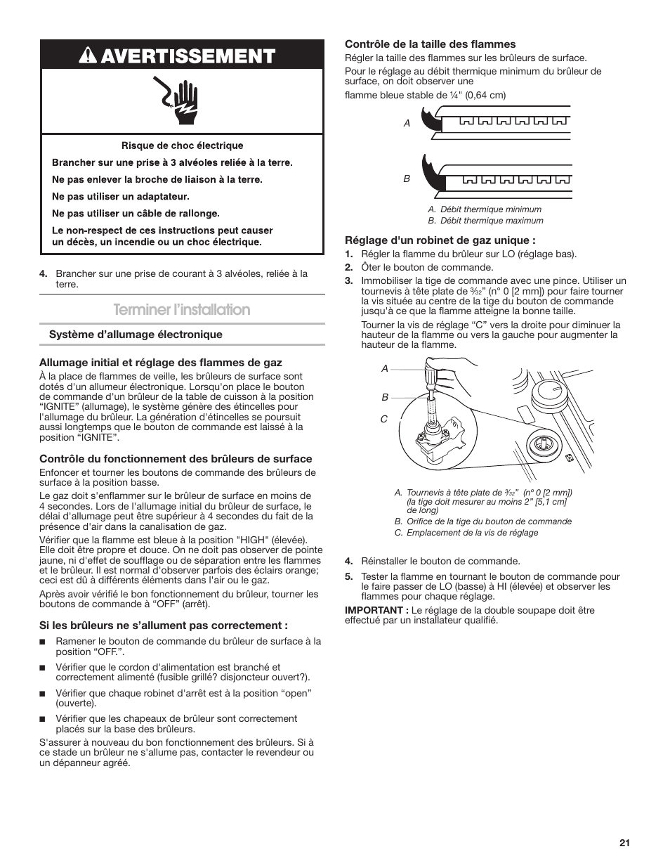 Terminer l’installation | Whirlpool 30 Inch Gas Cooktop Installation Guide User Manual | Page 21 / 23