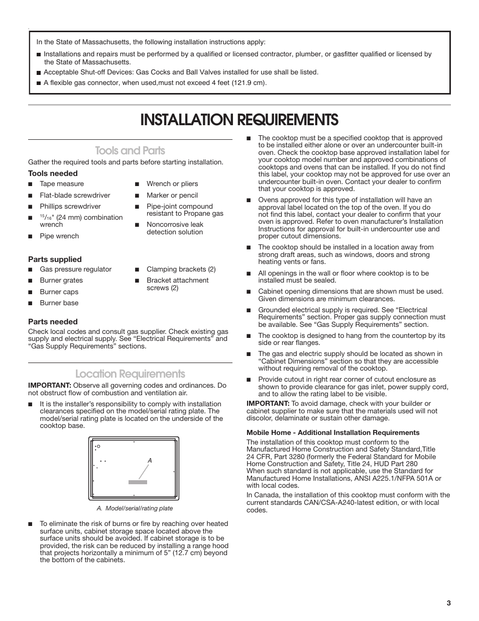 Installation requirements, Tools and parts, Location requirements | Whirlpool 30 Inch Gas Cooktop Installation Guide User Manual | Page 3 / 23