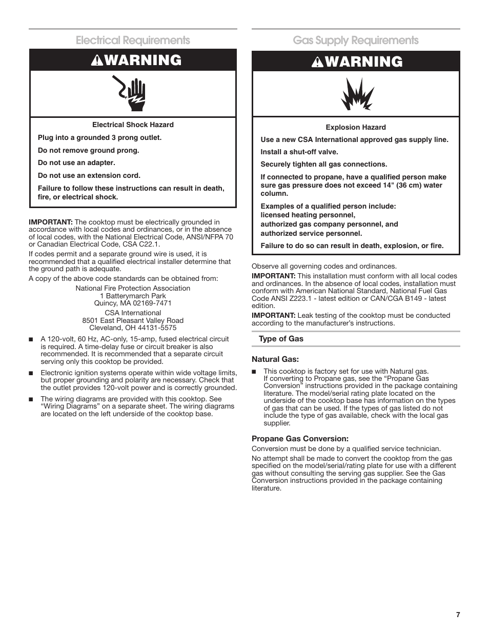 Warning, Electrical requirements, Gas supply requirements | Whirlpool 30 Inch Gas Cooktop Installation Guide User Manual | Page 7 / 23