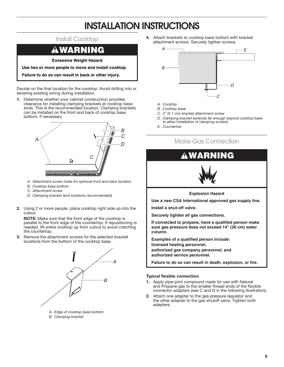 Installation instructions, Warning, Install cooktop | Make gas connection | Whirlpool 30 Inch Gas Cooktop Installation Guide User Manual | Page 9 / 23