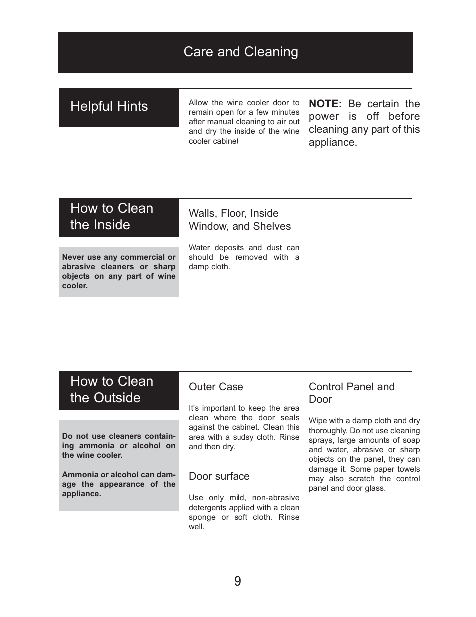 9helpful hints, How to clean the inside, Care and cleaning how to clean the outside | Danby DWC2727BLS User Manual | Page 10 / 34