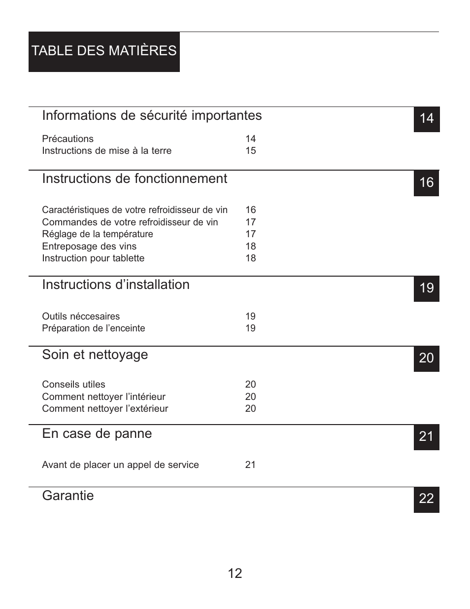 Informations de sécurité importantes, Instructions de fonctionnement, Instructions d’installation | Soin et nettoyage, En case de panne | Danby DWC2727BLS User Manual | Page 13 / 34