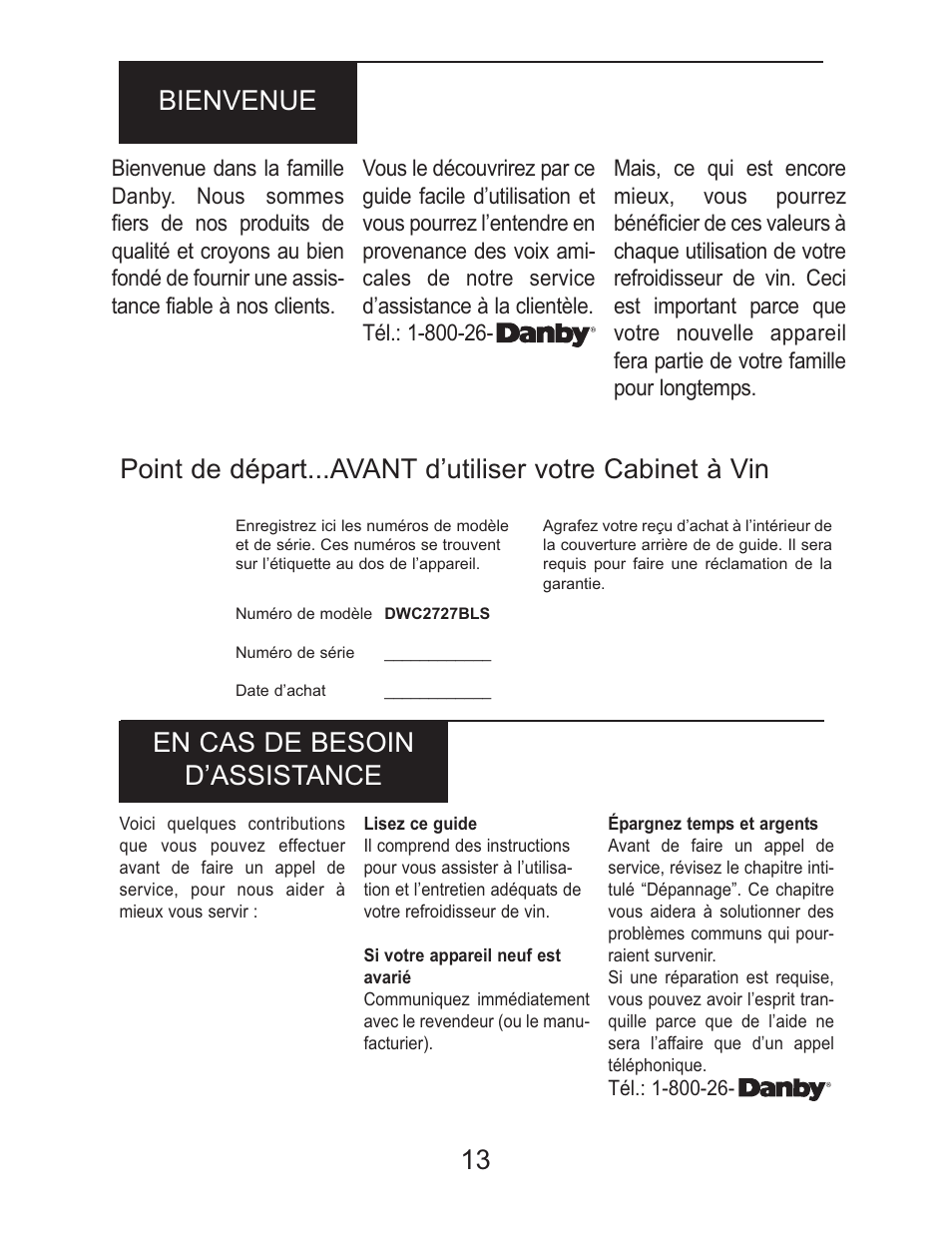 13 bienvenue en cas de besoin d’assistance | Danby DWC2727BLS User Manual | Page 14 / 34