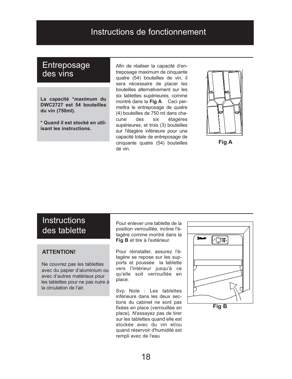 Instructions de fonctionnement 18, Entreposage des vins, Instructions des tablette | Danby DWC2727BLS User Manual | Page 19 / 34