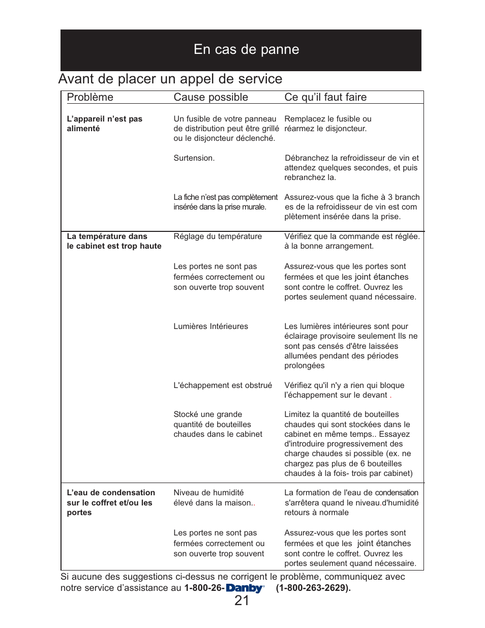 Problème cause possible ce qu’il faut faire | Danby DWC2727BLS User Manual | Page 22 / 34