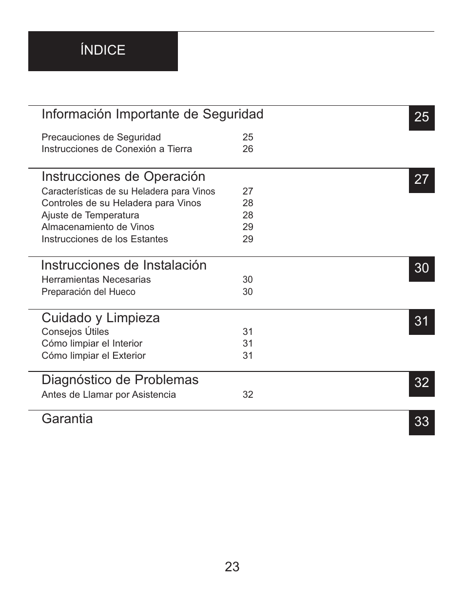 Información importante de seguridad, Instrucciones de operación, Instrucciones de instalación | Cuidado y limpieza, Diagnóstico de problemas | Danby DWC2727BLS User Manual | Page 24 / 34