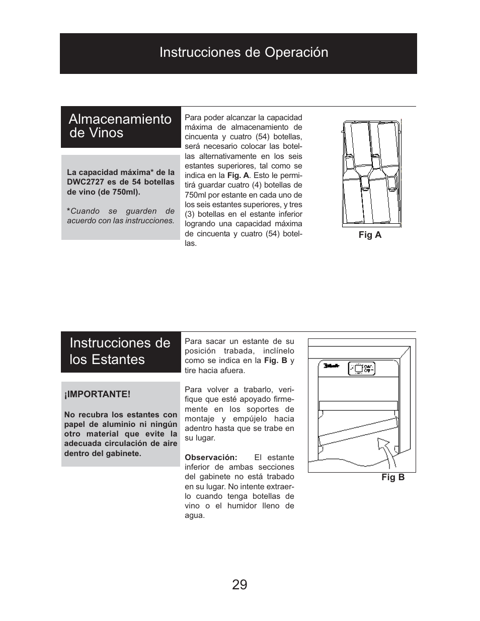 Instrucciones de operación 29, Almacenamiento de vinos, Instrucciones de los estantes | Danby DWC2727BLS User Manual | Page 30 / 34