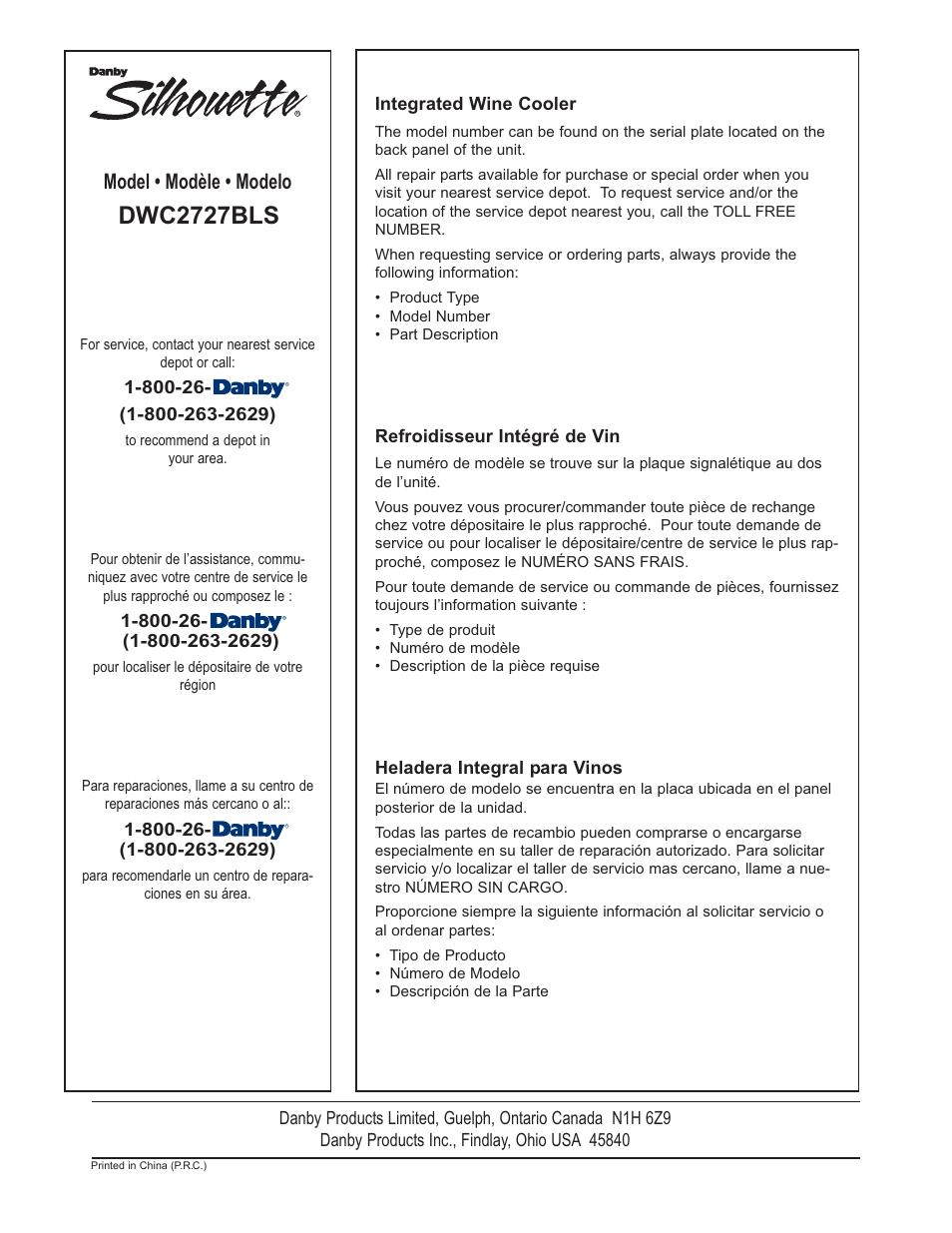 Dwc2727bls, Model • modèle • modelo | Danby DWC2727BLS User Manual | Page 34 / 34