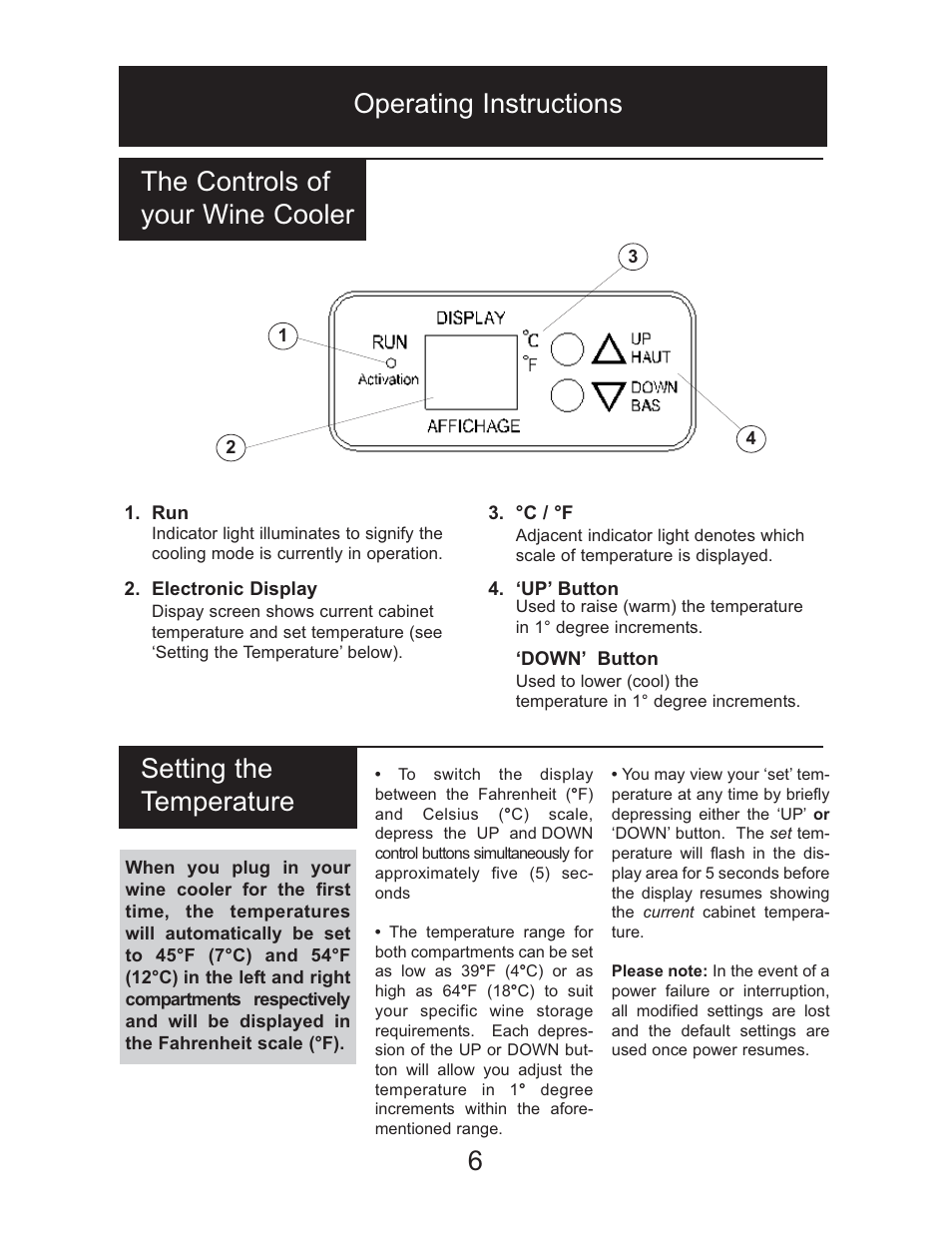 6operating instructions, Setting the temperature, The controls of your wine cooler | Danby DWC2727BLS User Manual | Page 7 / 34